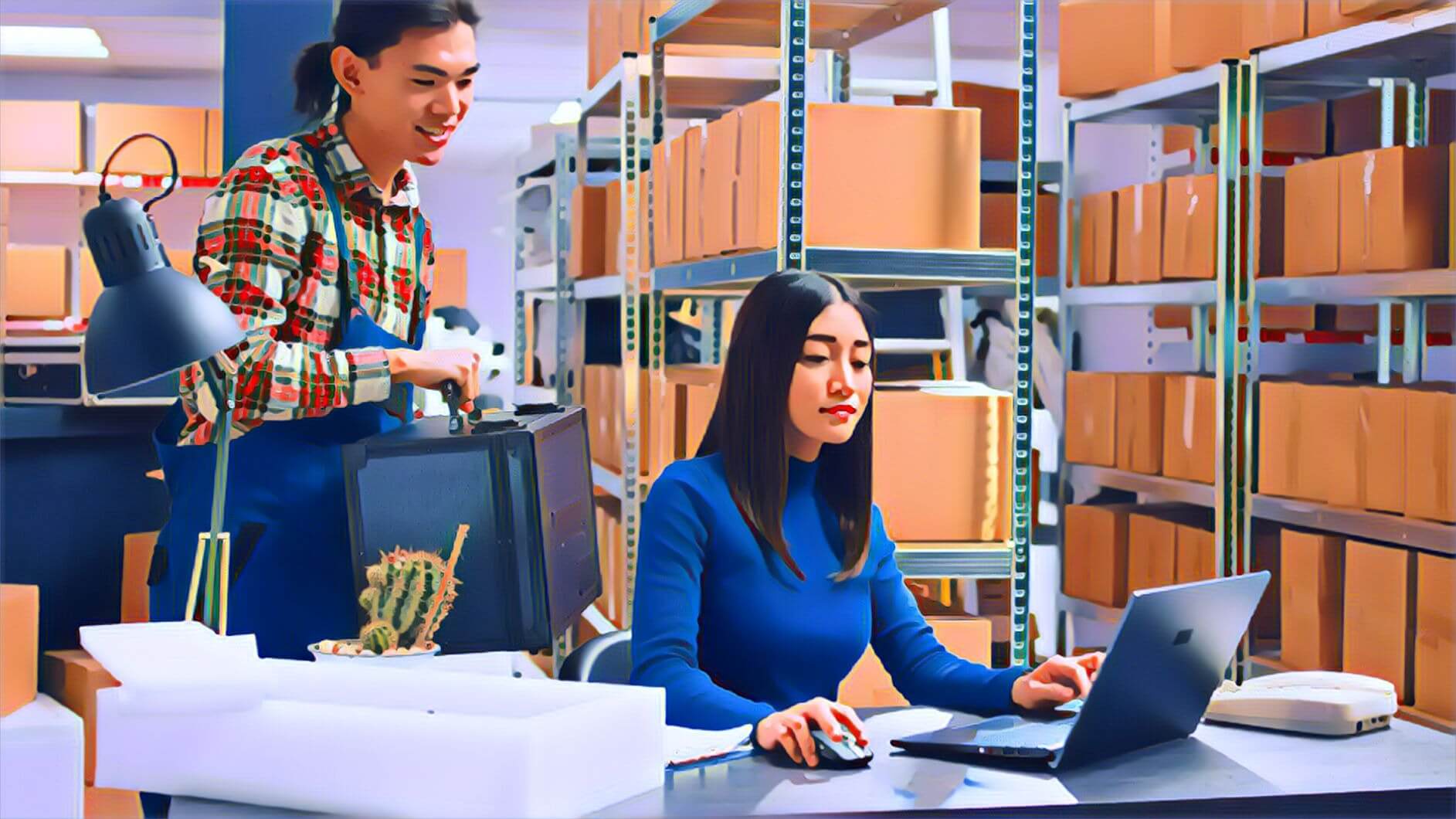 Two people in warehouse looking at laptop with shelves of boxes behind them